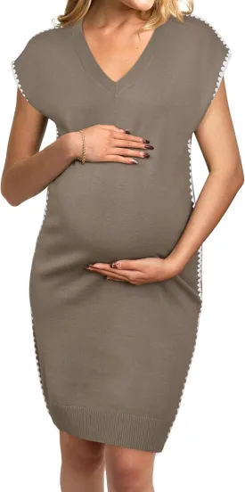 OUGES Summer Maternity RIC Rac Dress Cap Sleeve V Neck Knit Casual Mini Sweater Dress Business Outfits for Women 2025