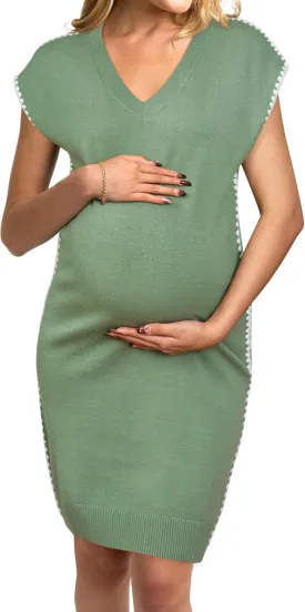 OUGES Summer Maternity RIC Rac Dress Cap Sleeve V Neck Knit Casual Mini Sweater Dress Business Outfits for Women 2025