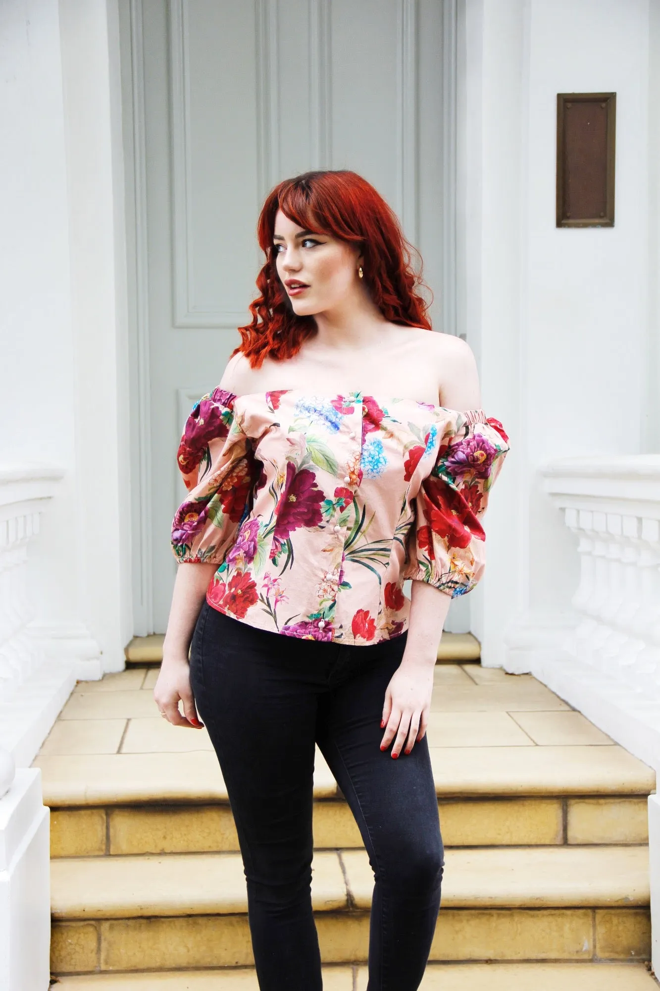 Rosie  -  Off Shoulder Rose Floral Print Blouse with 34 Sleeves