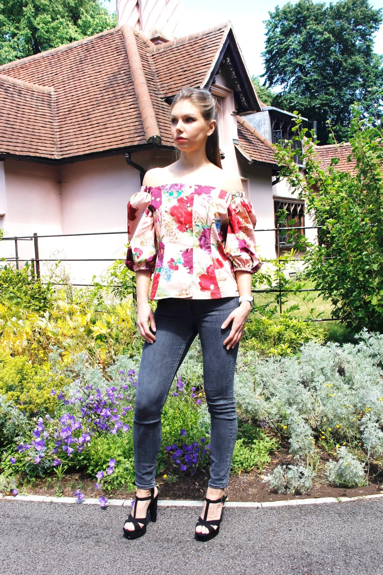 Rosie  -  Off Shoulder Rose Floral Print Blouse with 34 Sleeves