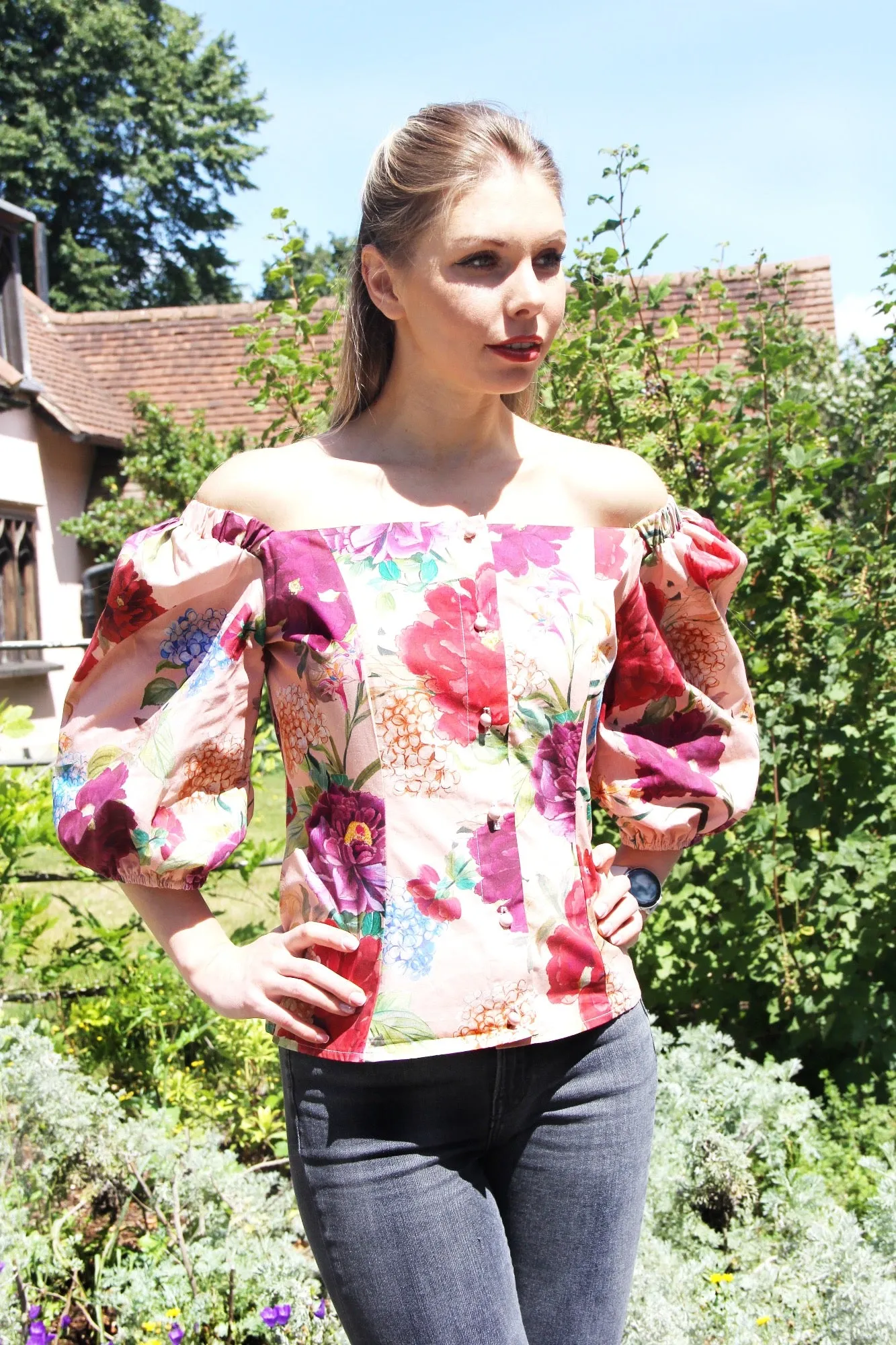 Rosie  -  Off Shoulder Rose Floral Print Blouse with 34 Sleeves