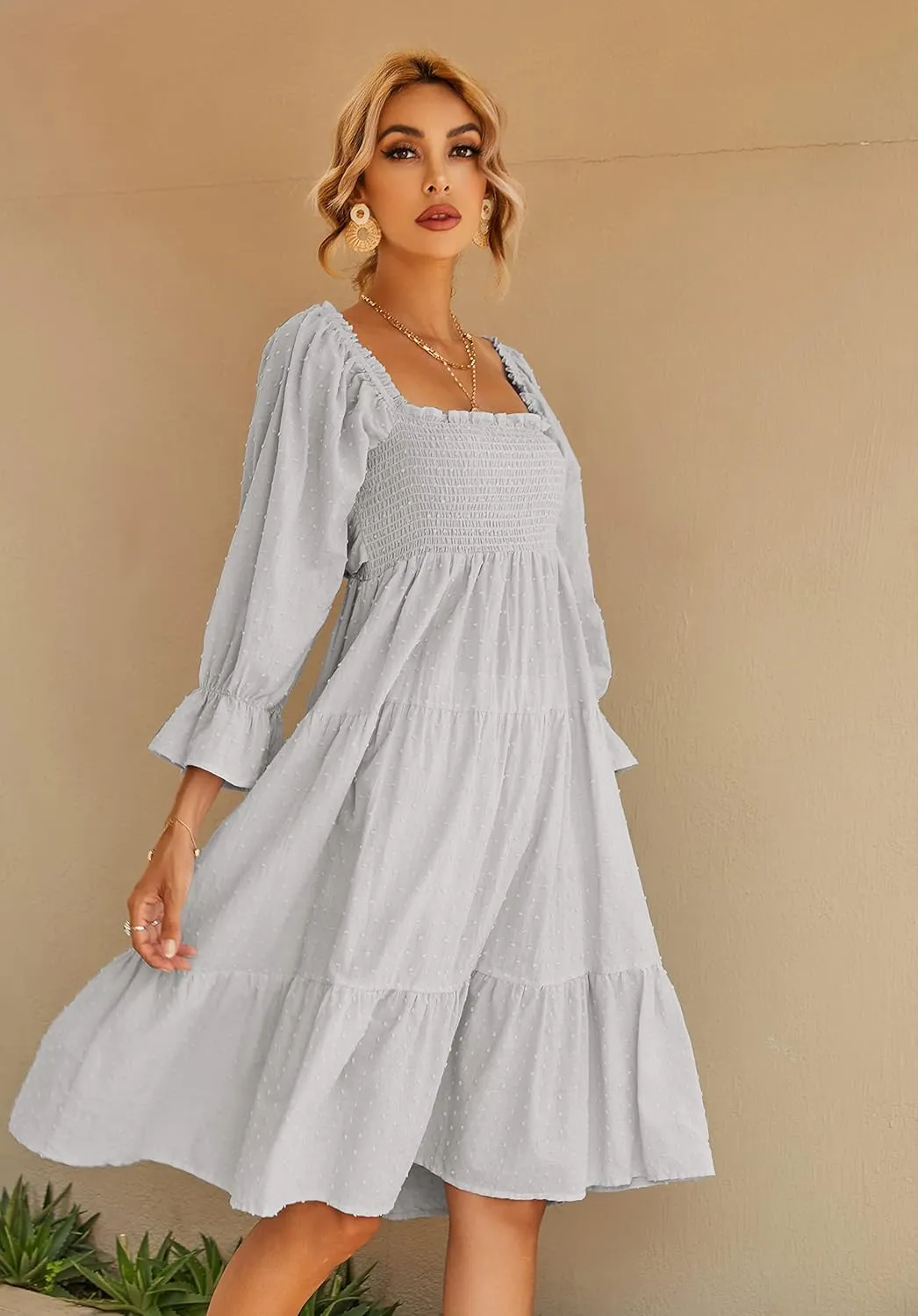 R.Vivimos Women's Summer Cotton Plaid Puff Sleeves Bow Casual Off-Shoulder Boho Midi Dress