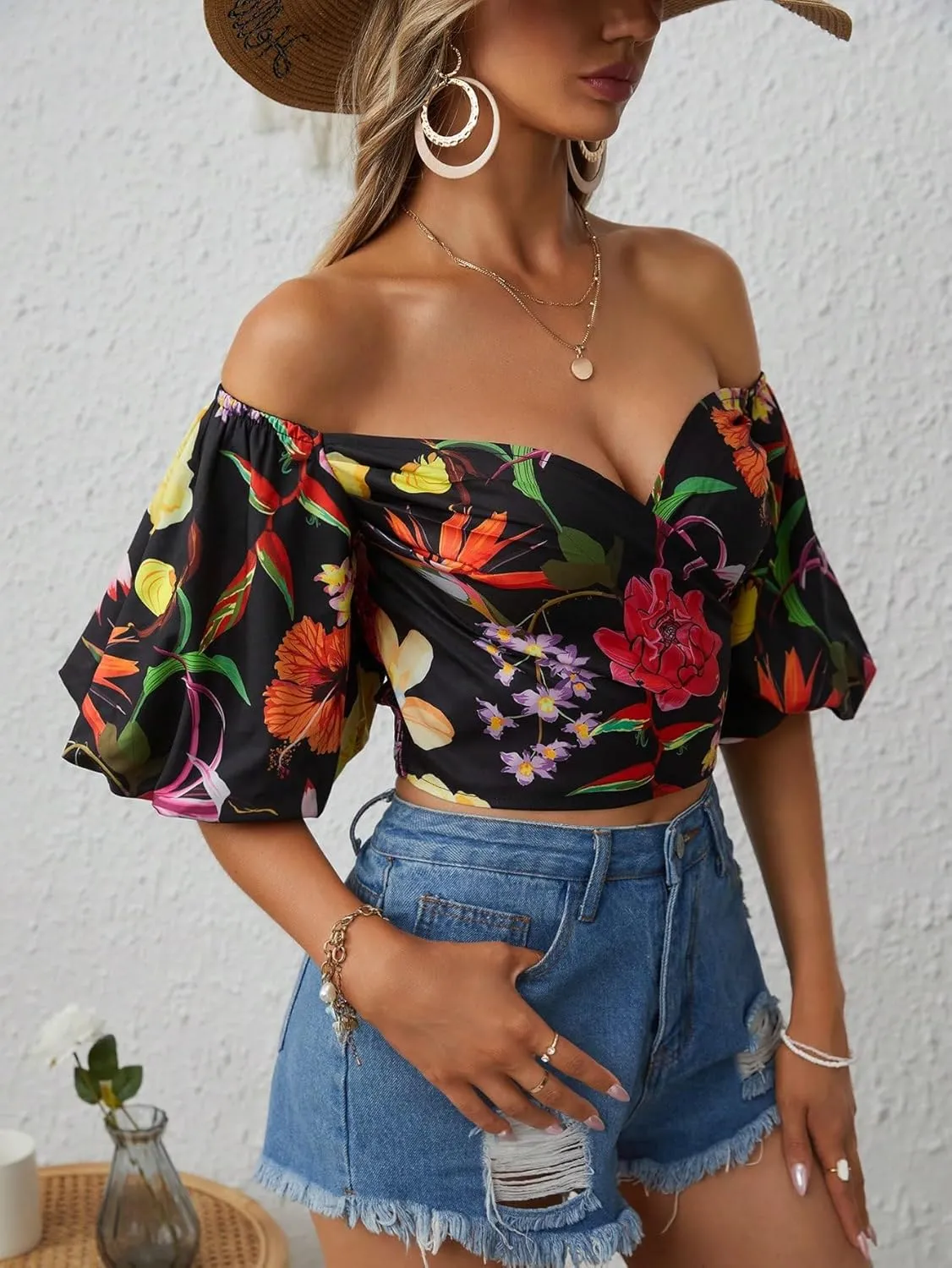 SOLY HUX Women's Floral Print Blouse Off Shoulder Bishop Half Sleeve Wrap Crop Tops