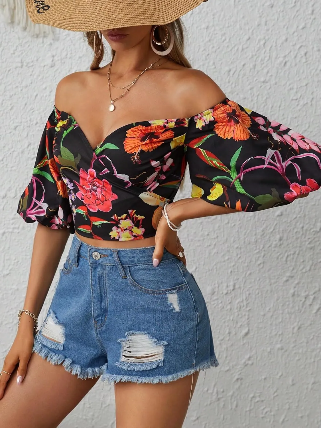 SOLY HUX Women's Floral Print Blouse Off Shoulder Bishop Half Sleeve Wrap Crop Tops