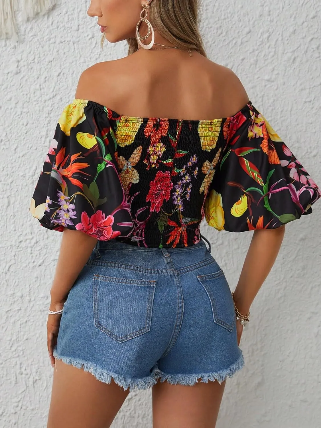 SOLY HUX Women's Floral Print Blouse Off Shoulder Bishop Half Sleeve Wrap Crop Tops