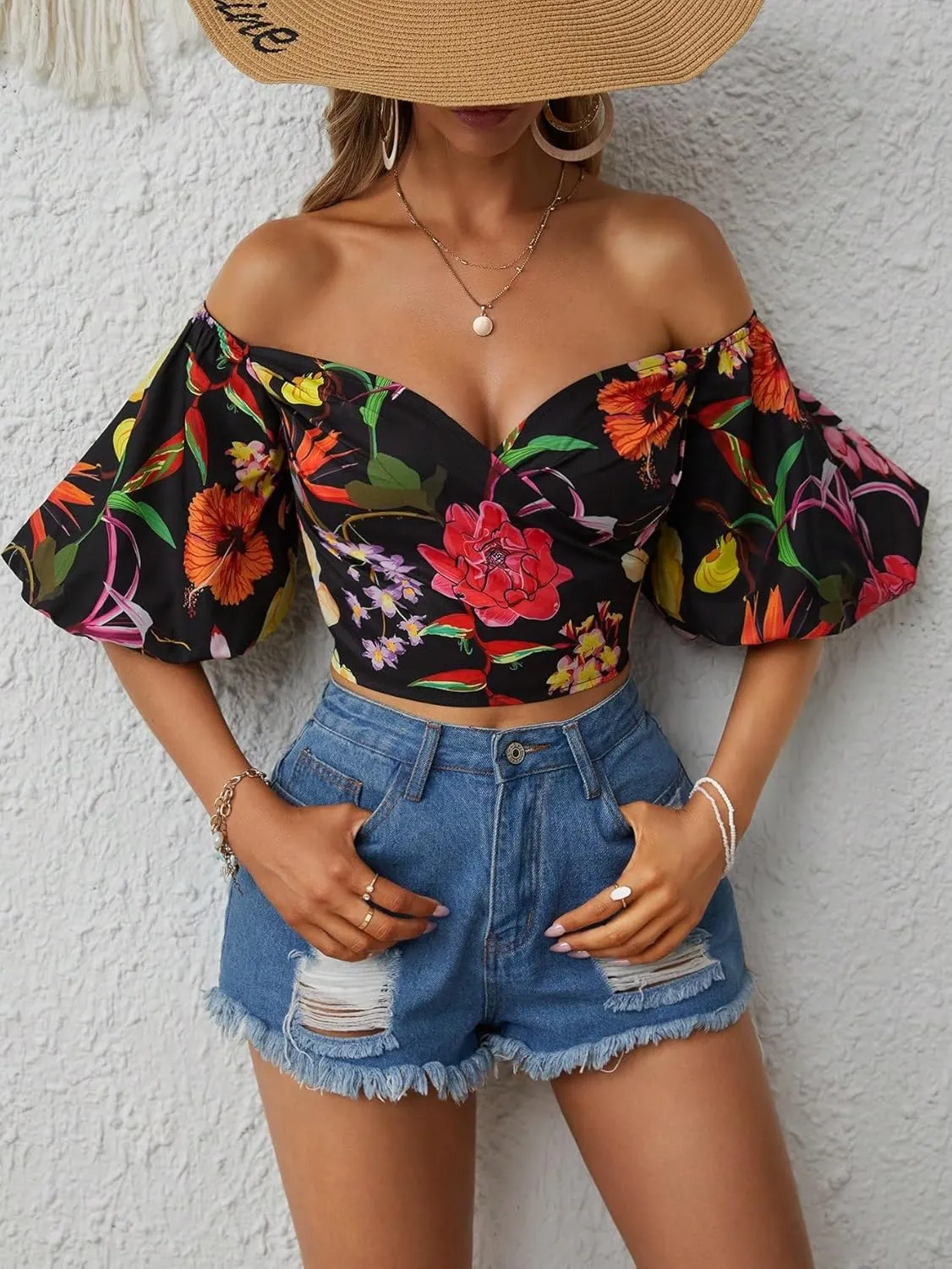 SOLY HUX Women's Floral Print Blouse Off Shoulder Bishop Half Sleeve Wrap Crop Tops