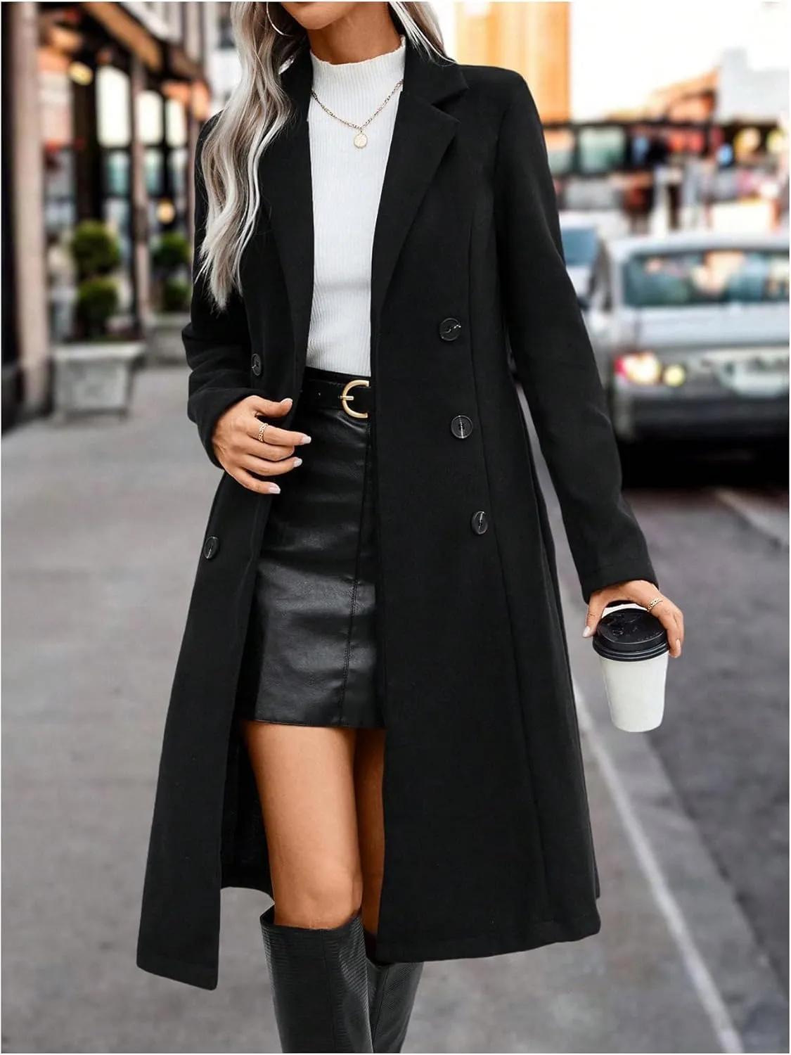 SOLY HUX Women's Lapel Double Breasted Overcoat Long Sleeve Woolen Coat Outerwear