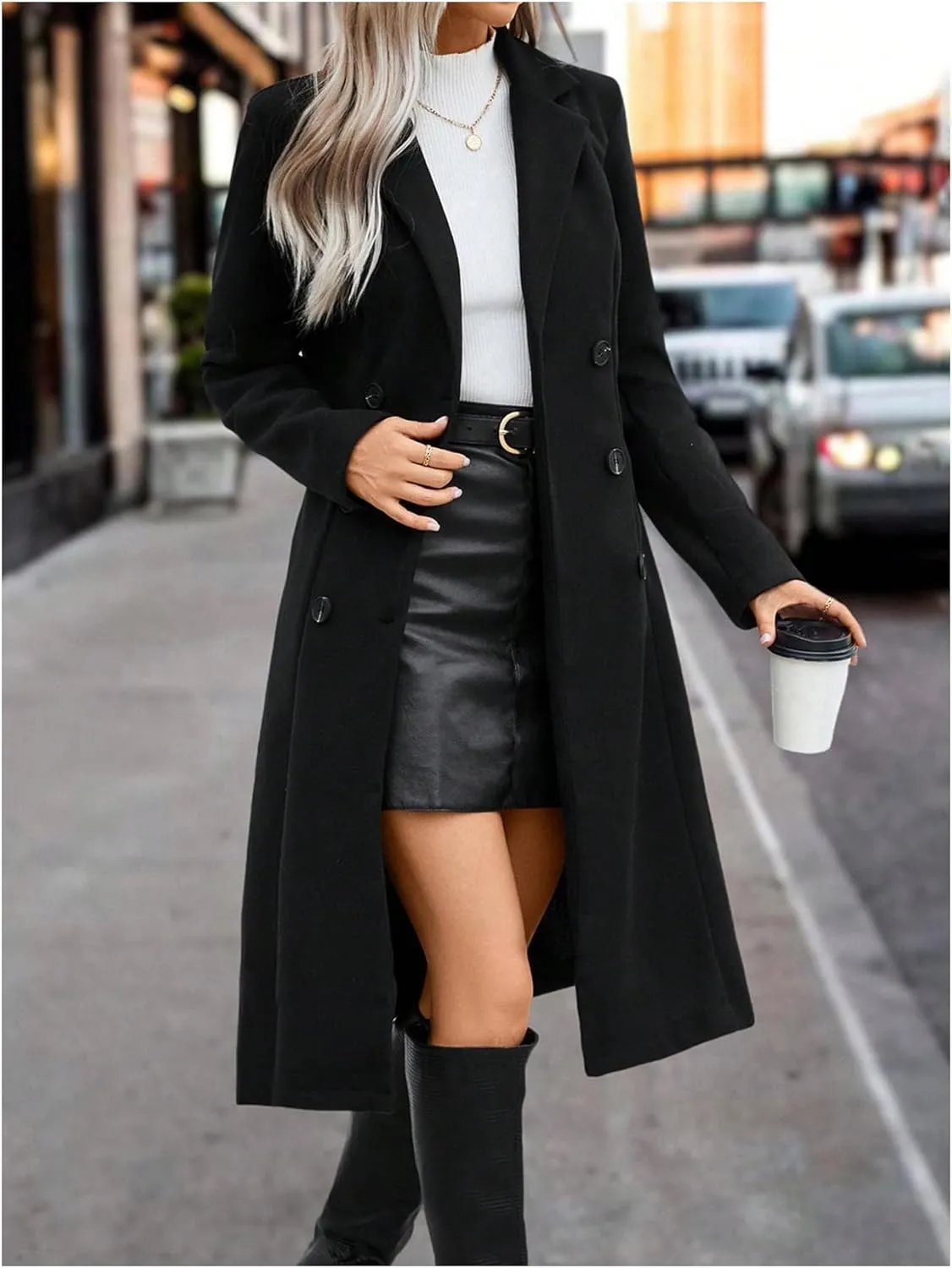 SOLY HUX Women's Lapel Double Breasted Overcoat Long Sleeve Woolen Coat Outerwear