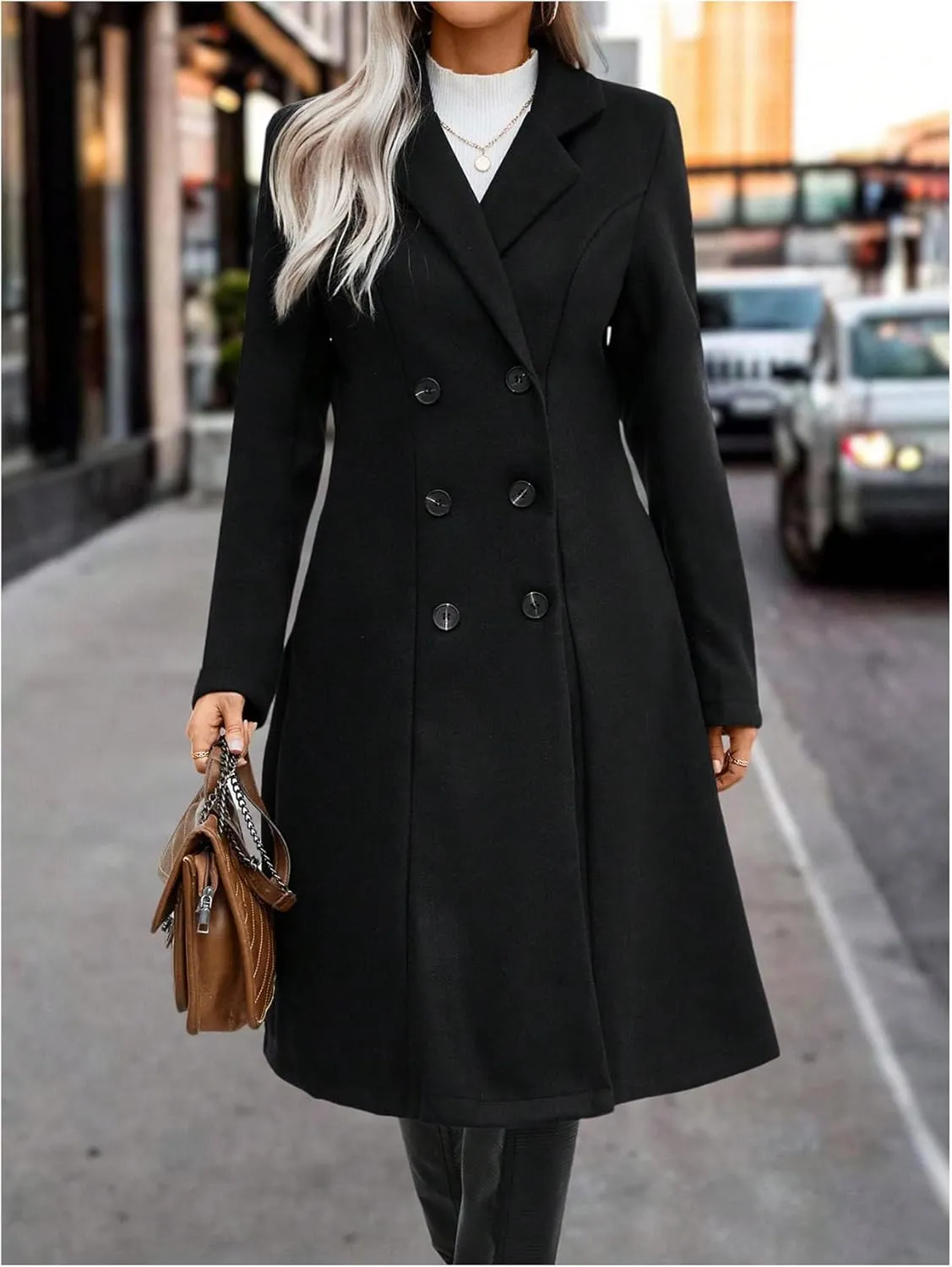 SOLY HUX Women's Lapel Double Breasted Overcoat Long Sleeve Woolen Coat Outerwear