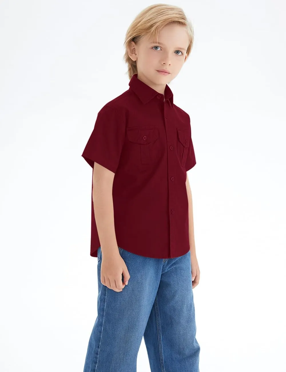 Spring&Gege Boys' Short Sleeve Button Down Shirts for Kids Woven Solid with Two Pockets