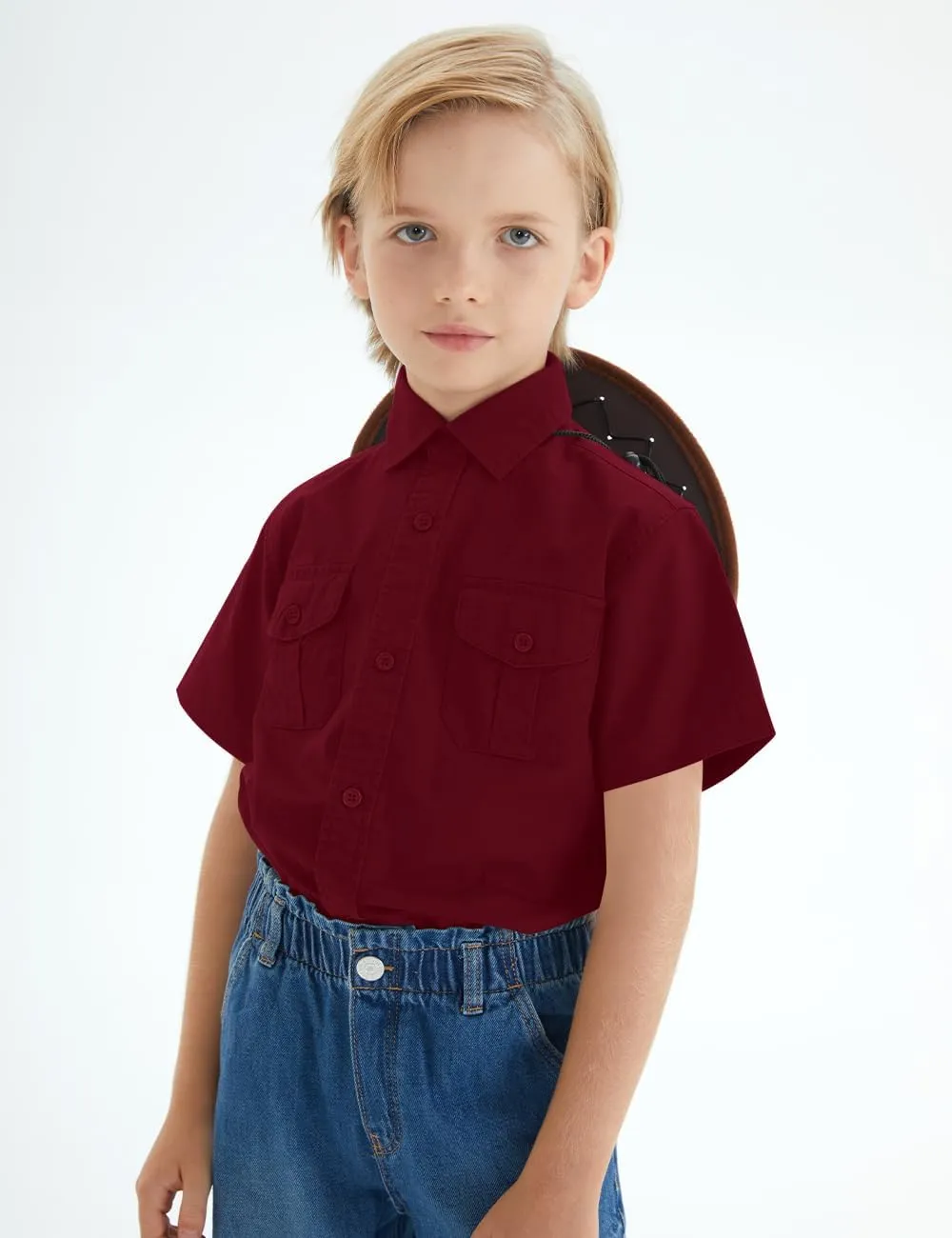 Spring&Gege Boys' Short Sleeve Button Down Shirts for Kids Woven Solid with Two Pockets
