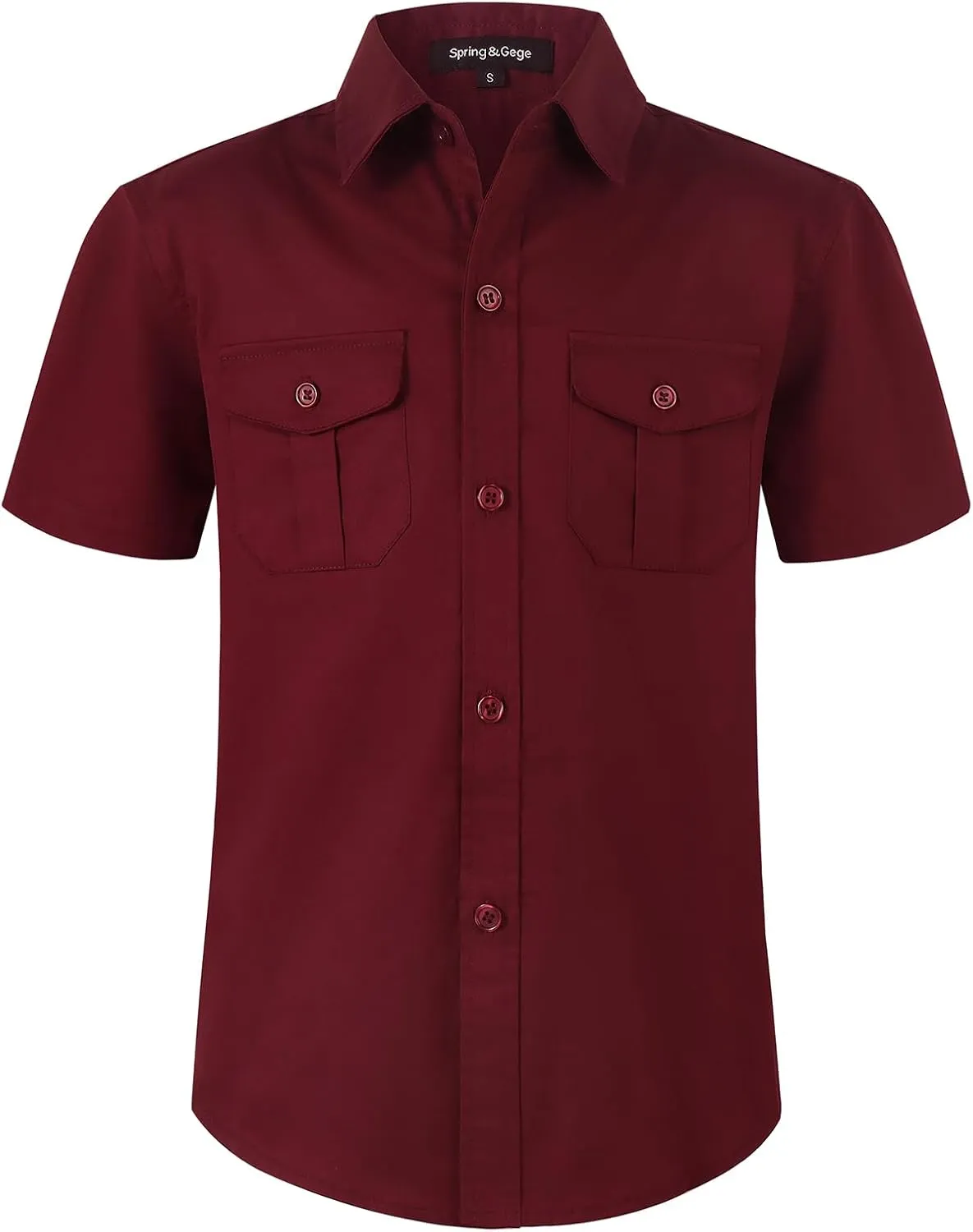 Spring&Gege Boys' Short Sleeve Button Down Shirts for Kids Woven Solid with Two Pockets