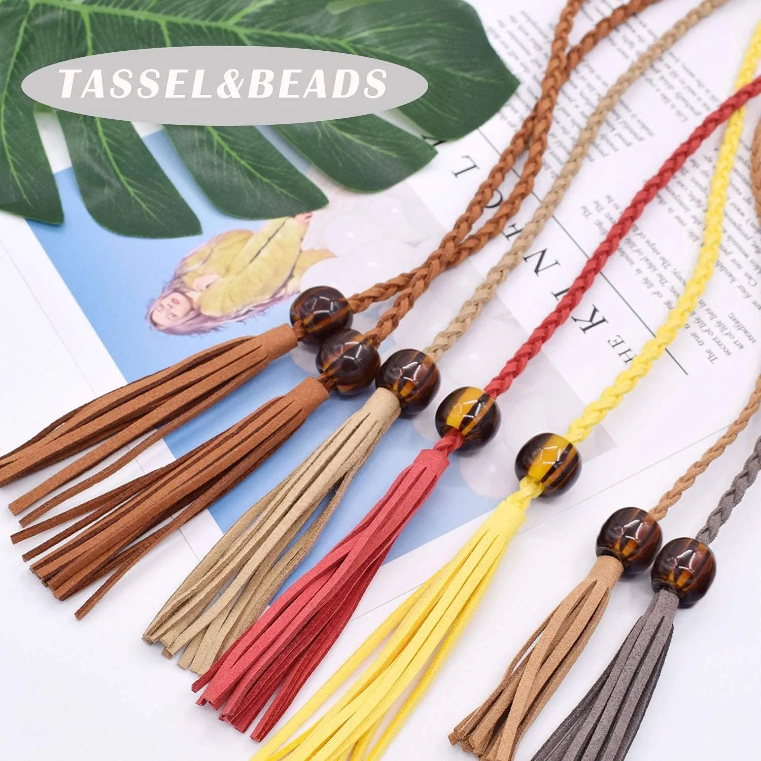TeeYee Women Girls Multi Colors Braided Waist Tie Belt/Rope with Tassel and Beads Fringe Wrap Cloth Belts for Dress Pants