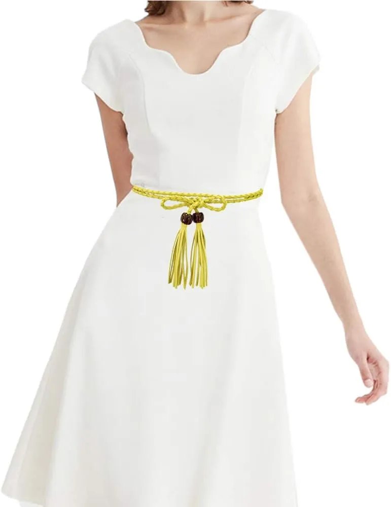 TeeYee Women Girls Multi Colors Braided Waist Tie Belt/Rope with Tassel and Beads Fringe Wrap Cloth Belts for Dress Pants