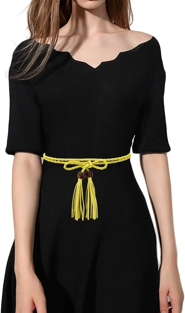 TeeYee Women Girls Multi Colors Braided Waist Tie Belt/Rope with Tassel and Beads Fringe Wrap Cloth Belts for Dress Pants