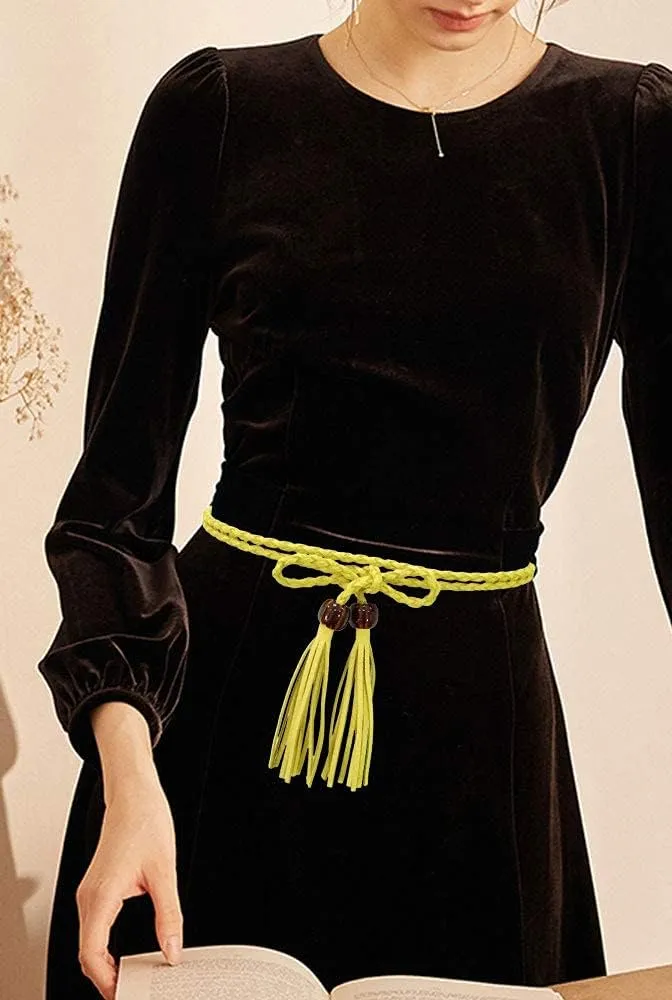 TeeYee Women Girls Multi Colors Braided Waist Tie Belt/Rope with Tassel and Beads Fringe Wrap Cloth Belts for Dress Pants