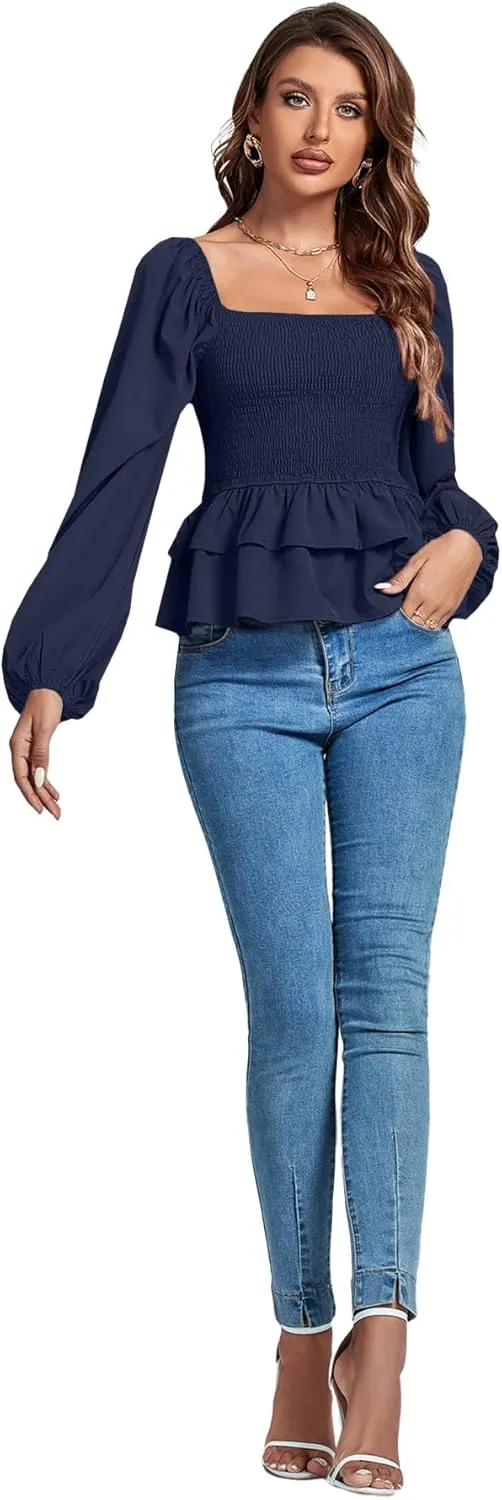 Umenlele Womens Square Neck Lantern Long Sleeve Shirred Ruffle Hem Smocked Peplum Babydoll Blouse Shirt Top