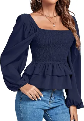 Umenlele Womens Square Neck Lantern Long Sleeve Shirred Ruffle Hem Smocked Peplum Babydoll Blouse Shirt Top