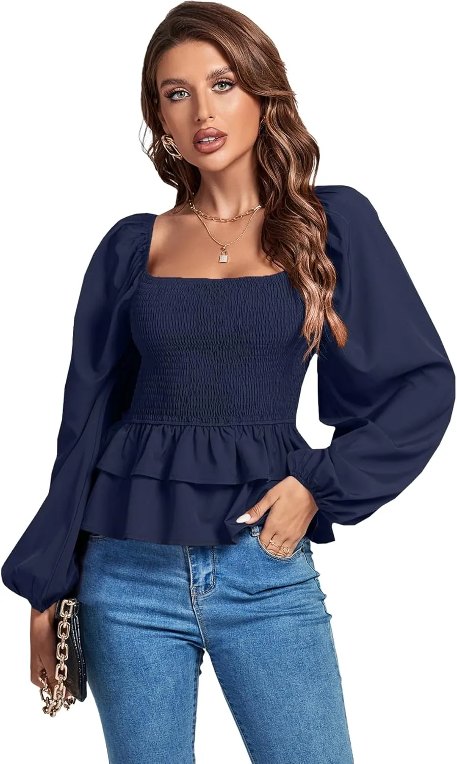Umenlele Womens Square Neck Lantern Long Sleeve Shirred Ruffle Hem Smocked Peplum Babydoll Blouse Shirt Top