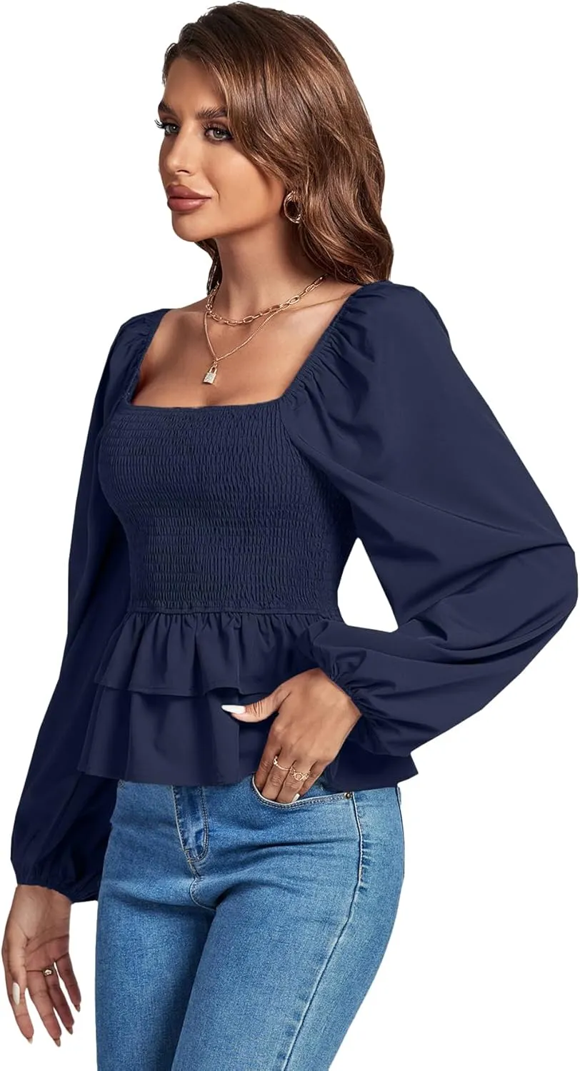 Umenlele Womens Square Neck Lantern Long Sleeve Shirred Ruffle Hem Smocked Peplum Babydoll Blouse Shirt Top
