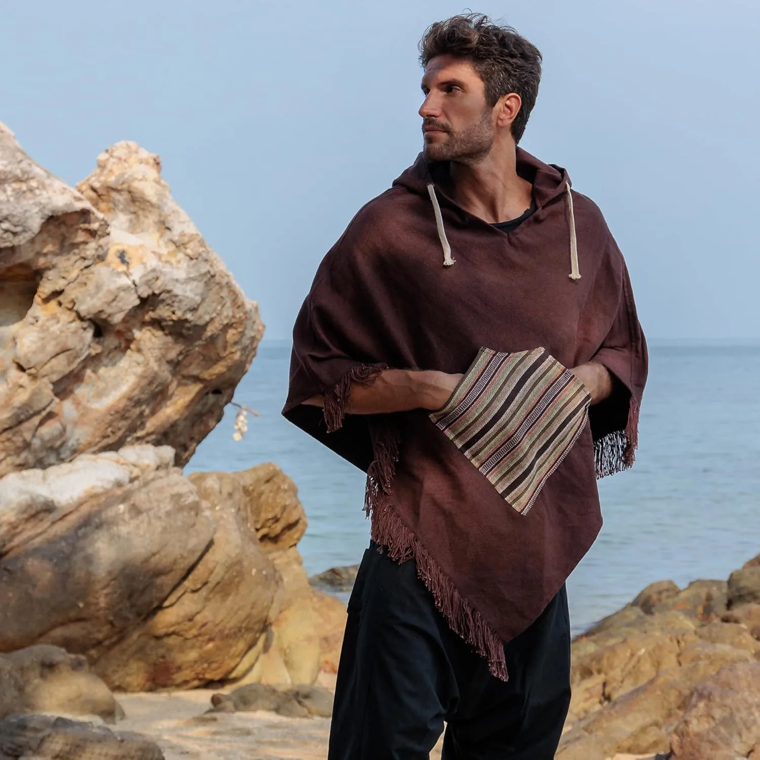 virblatt - Poncho Men | 100% Cotton | Mexican Poncho Men Baja Hoodie |Big Hood| Winter Pancho Warm Hooded Poncho Cape