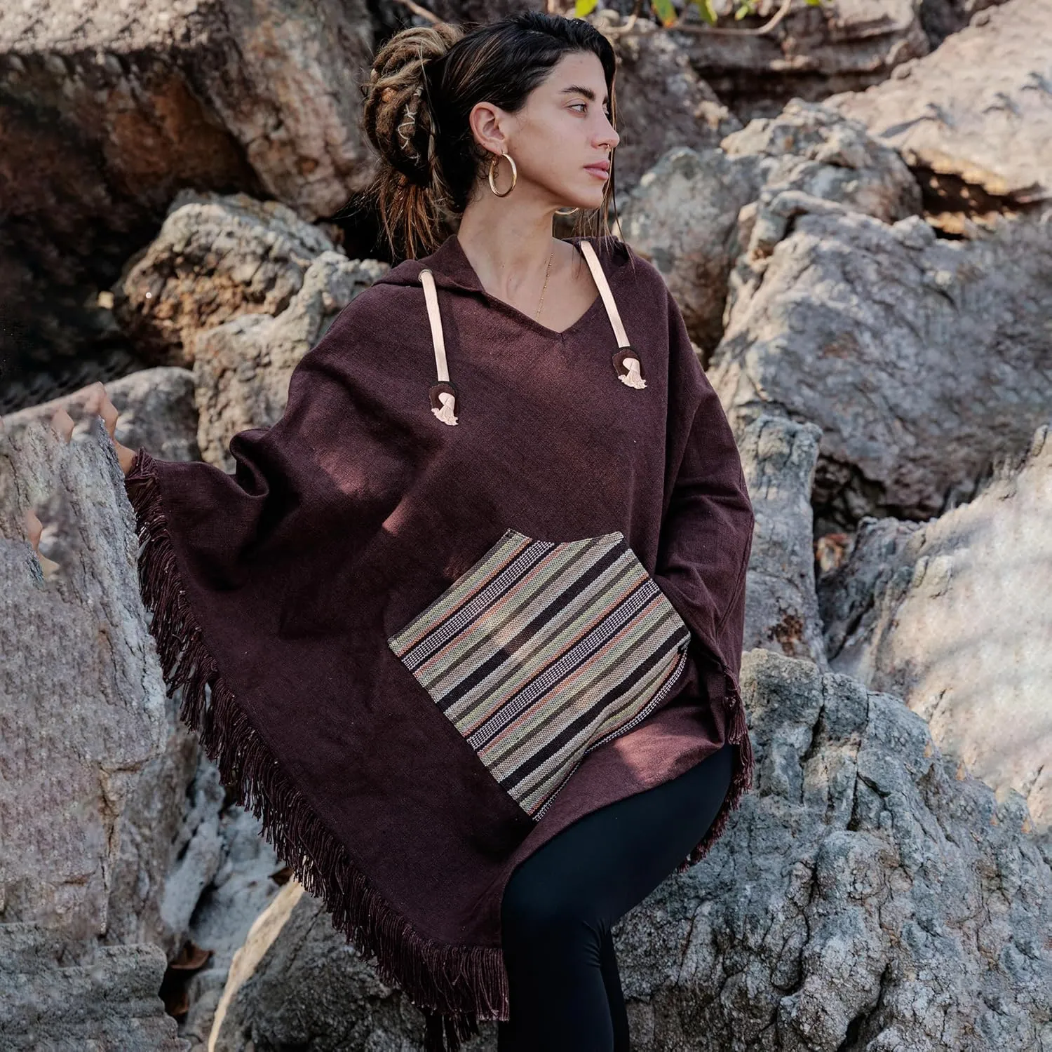 virblatt - Poncho Men | 100% Cotton | Mexican Poncho Men Baja Hoodie |Big Hood| Winter Pancho Warm Hooded Poncho Cape