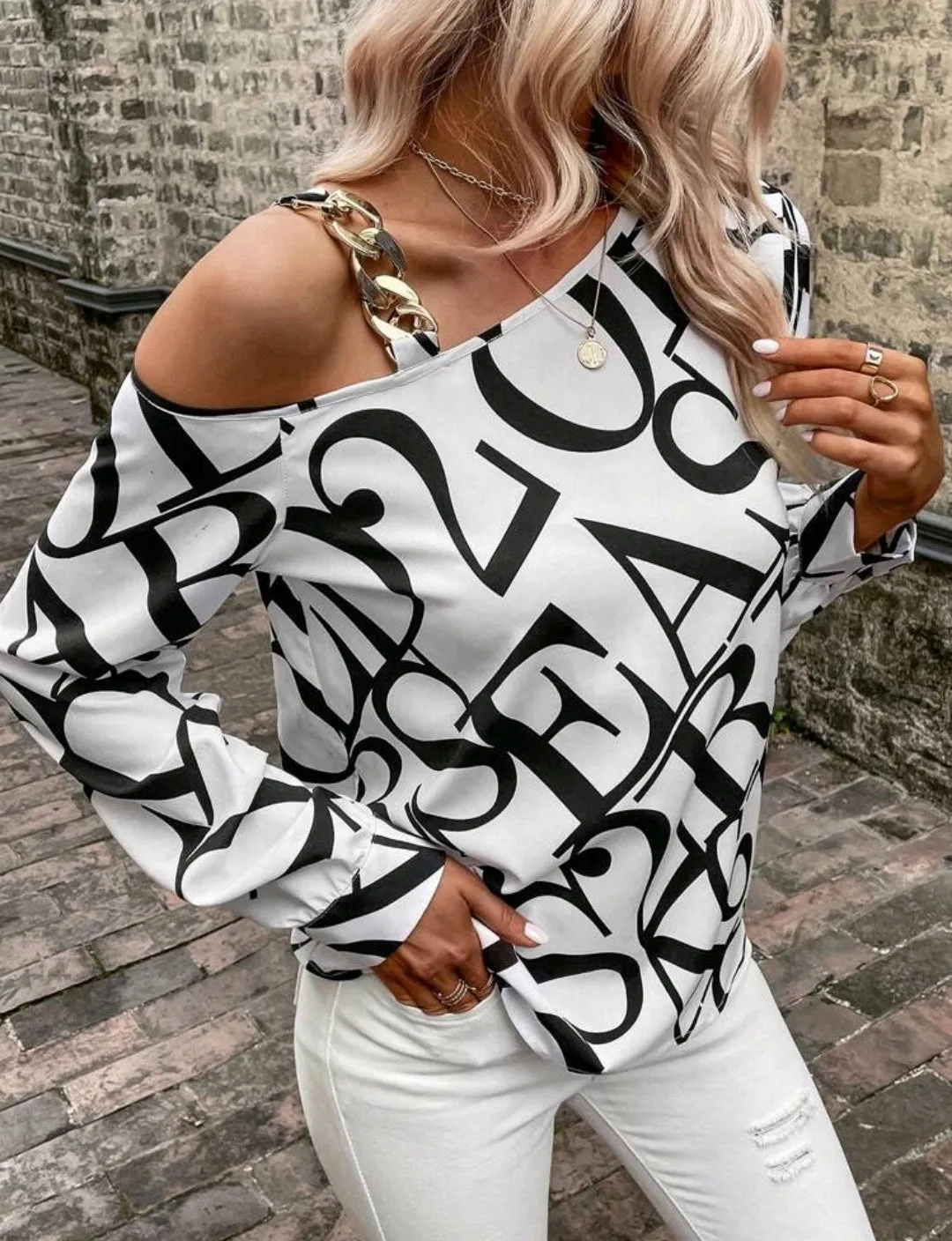White Letter Print Chain Accent Asymmetric Blouse