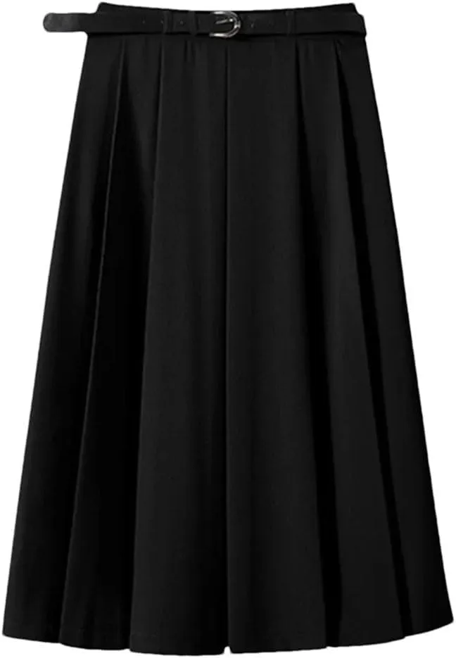 Women Leather Longskirts for Belt Skirts A-Line Pleated Skirt French Style Skirt