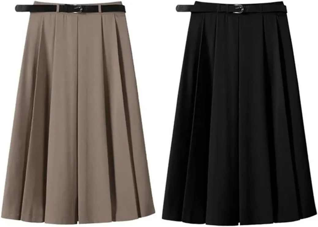 Women Leather Longskirts for Belt Skirts A-Line Pleated Skirt French Style Skirt
