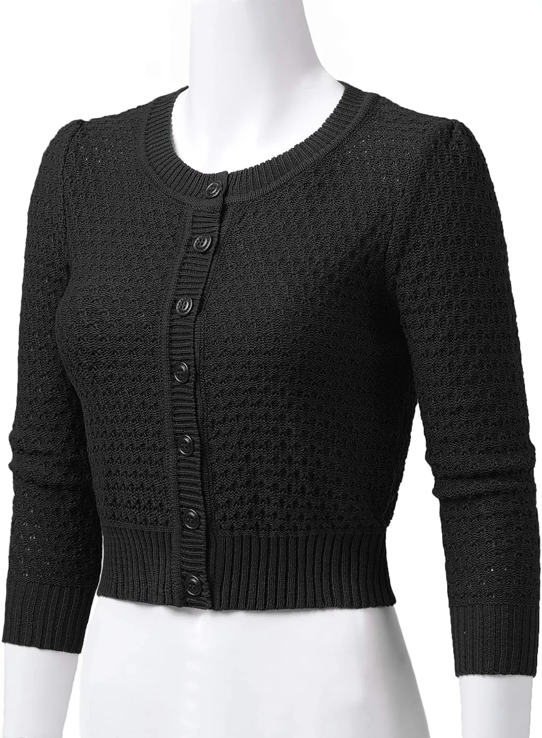 Women's 3/4 Sleeve Crew Neck Button Down Cotton Knit Cropped Cardigan Sweater (S-3XL)