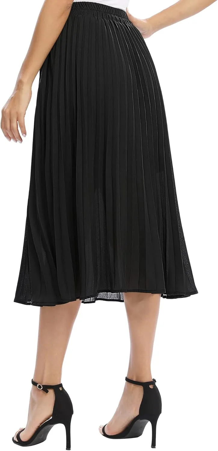 Women's Casual Chiffon Elastic Waist A-Line Pleated Midi Skirt with Pockets