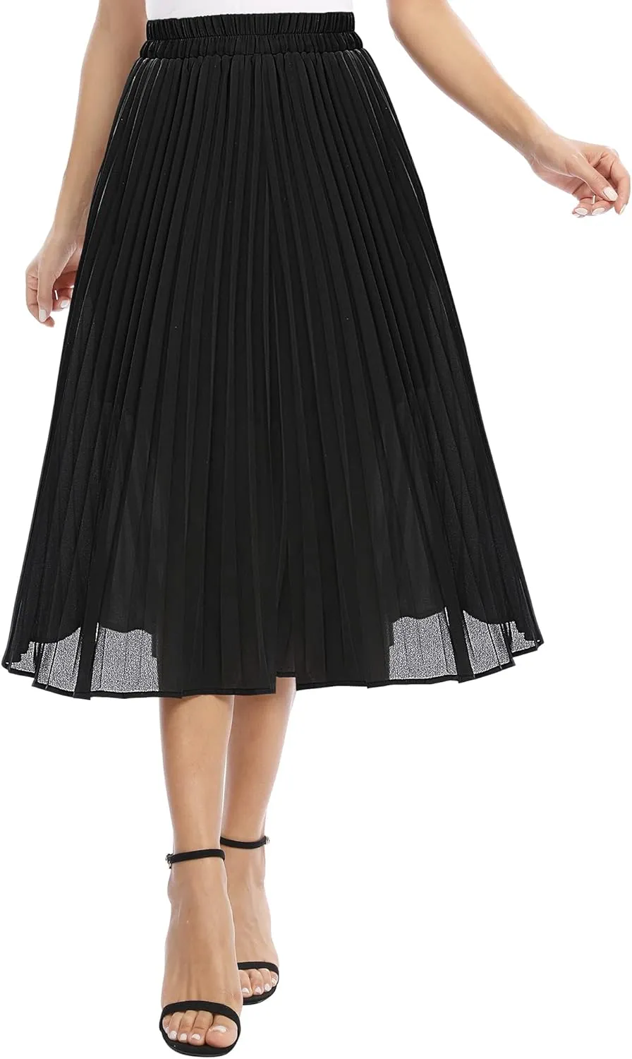 Women's Casual Chiffon Elastic Waist A-Line Pleated Midi Skirt with Pockets