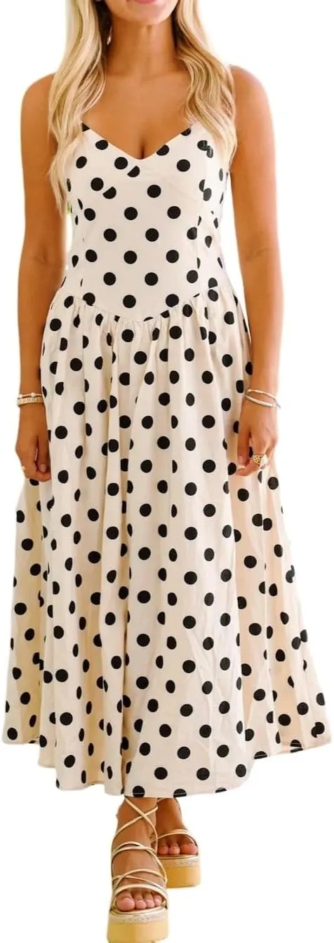 Women's Chic Sleeveless Midi Slip Polka Dot Dress