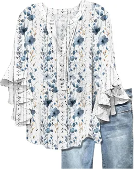 Women's Eyelet Poncho Tops Half Sleeve Tops Trendy Casual Lightweight Flowy Shirt Ruffles Hem Dressy Elegant Blouse