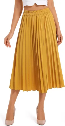 Women's High Elastic Waist Pleated Skirt Midi Long Swing A-line Skirts