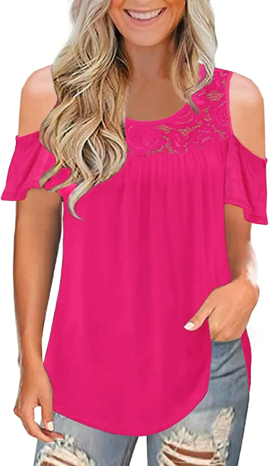 Womens Summer Cold Shoulder Tunic Tops Sexy Casual Short Sleeve Scoop Neck Lace Pleated T Shirts Blouse