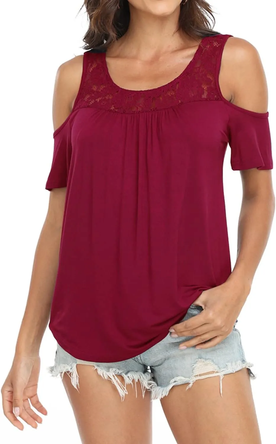 Womens Summer Cold Shoulder Tunic Tops Sexy Casual Short Sleeve Scoop Neck Lace Pleated T Shirts Blouse