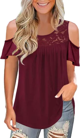 Womens Summer Cold Shoulder Tunic Tops Sexy Casual Short Sleeve Scoop Neck Lace Pleated T Shirts Blouse