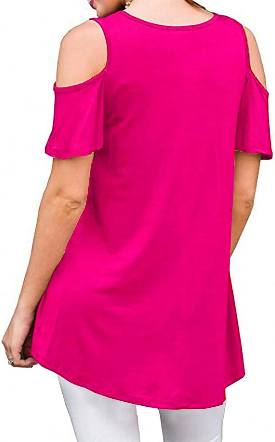Womens Summer Cold Shoulder Tunic Tops Sexy Casual Short Sleeve Scoop Neck Lace Pleated T Shirts Blouse