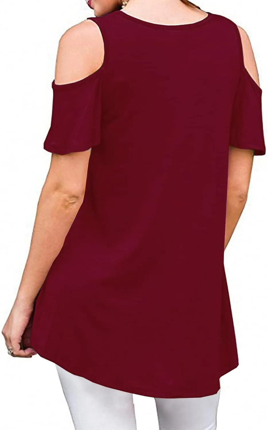 Womens Summer Cold Shoulder Tunic Tops Sexy Casual Short Sleeve Scoop Neck Lace Pleated T Shirts Blouse