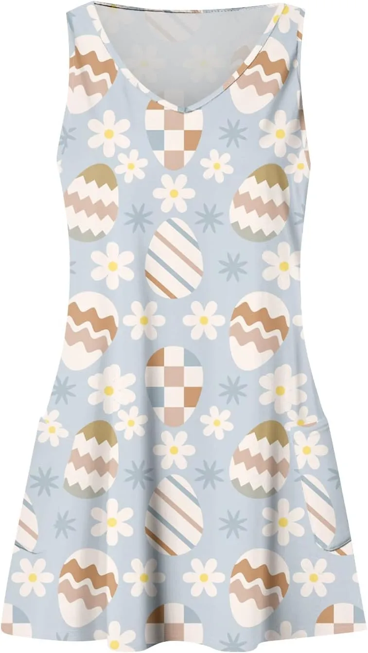 Womens Summer Dresses Sleeveless V Neck Swimsuit Coverup Casual Vacation Dress with Pocket Beach Printed Sundress