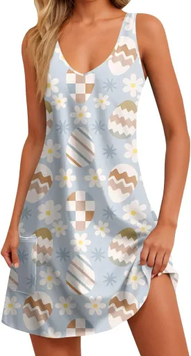 Womens Summer Dresses Sleeveless V Neck Swimsuit Coverup Casual Vacation Dress with Pocket Beach Printed Sundress