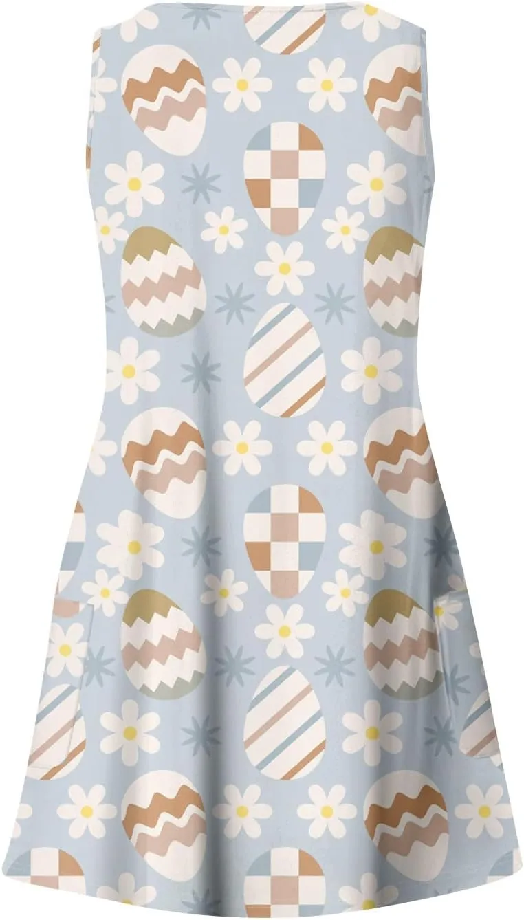 Womens Summer Dresses Sleeveless V Neck Swimsuit Coverup Casual Vacation Dress with Pocket Beach Printed Sundress