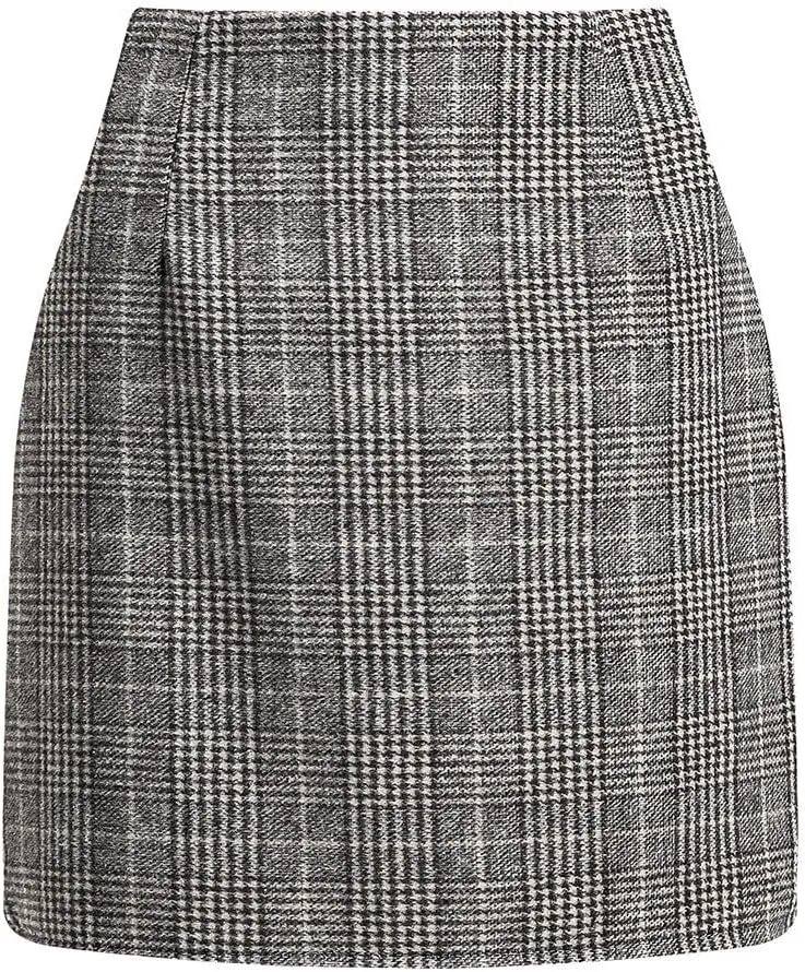 Womens Wool Plaid Mini Skirt Fall Winter High Waisted A Line Bodycon Pencil Skirt