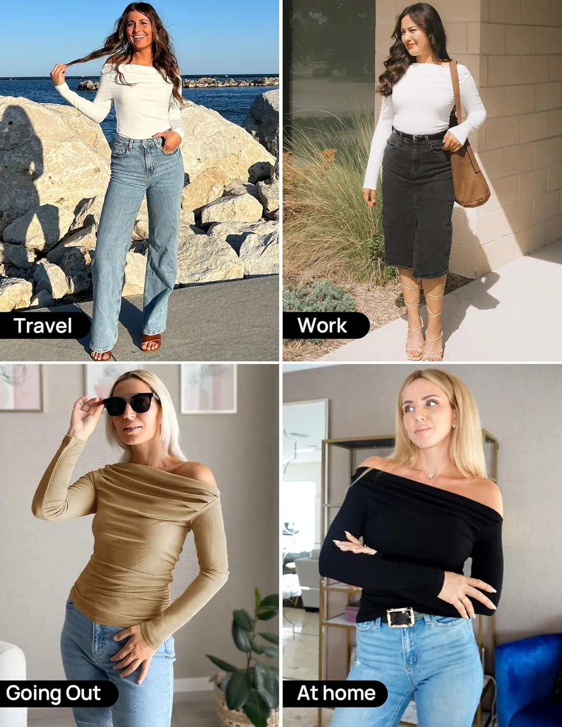ZESICA Womens Off Shoulder Long Sleeve Tops Spring Casual Boat Neck Ruched Slim Fit Going Out Y2k Shirts Blouses