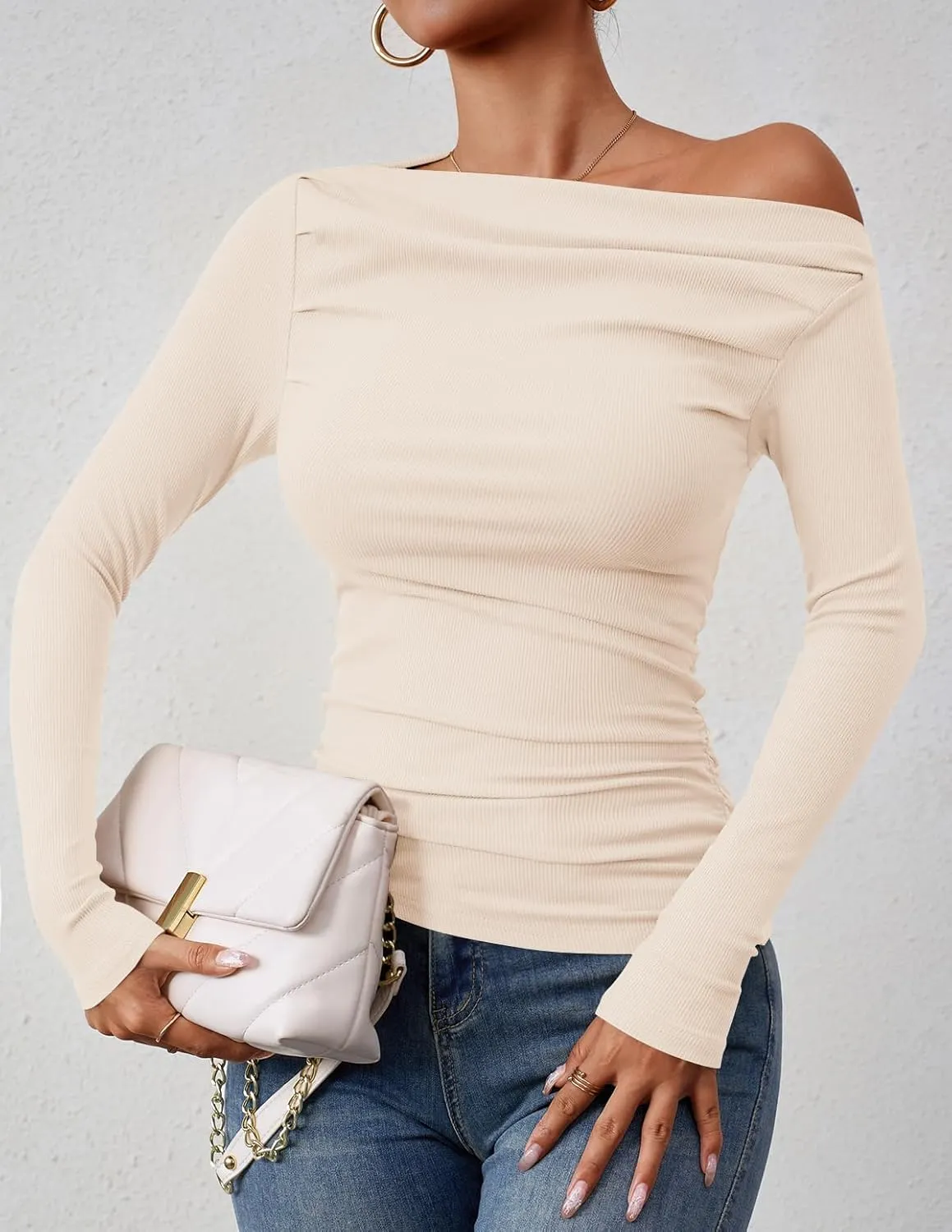 ZESICA Womens Off Shoulder Long Sleeve Tops Spring Casual Boat Neck Ruched Slim Fit Going Out Y2k Shirts Blouses