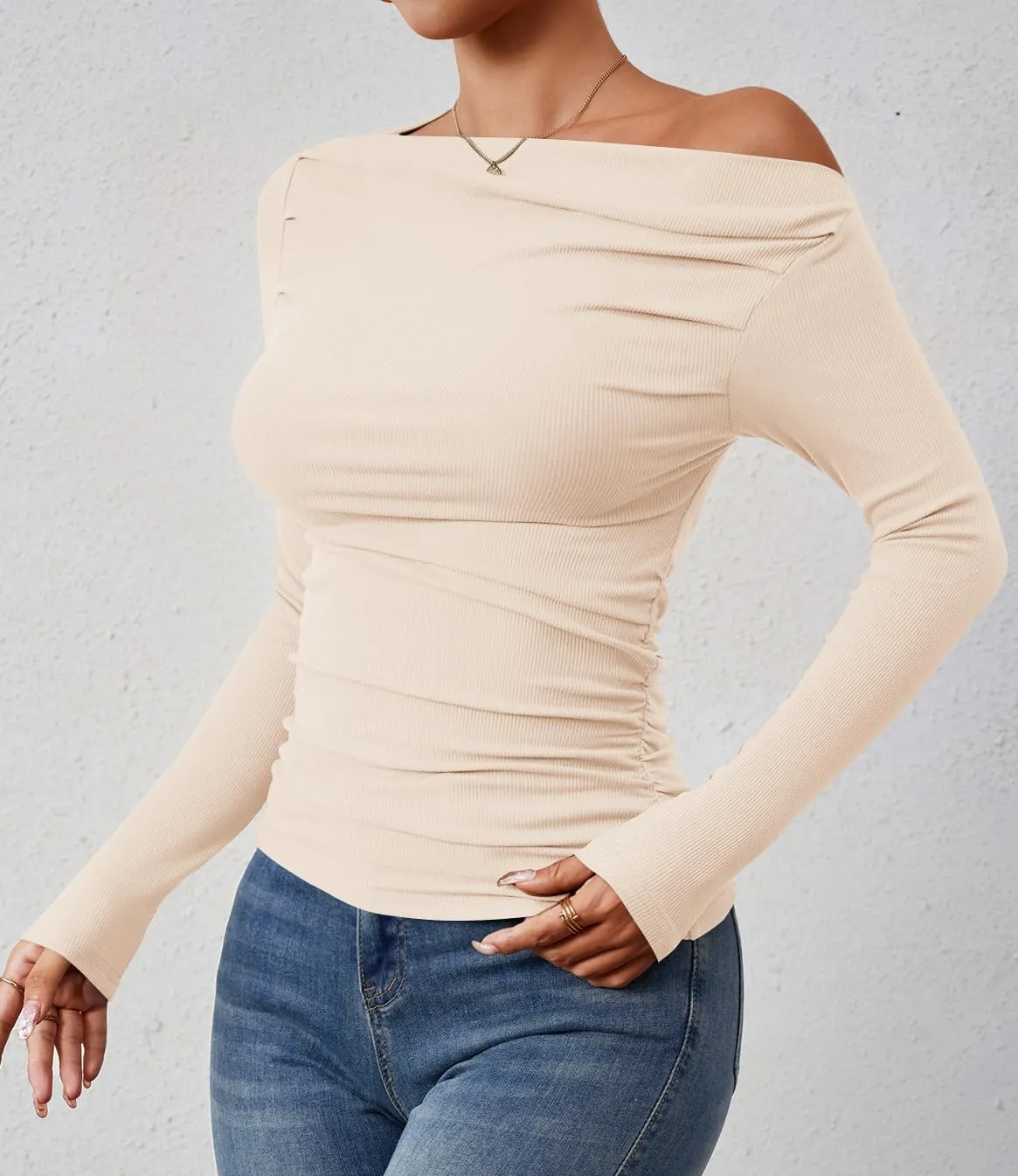 ZESICA Womens Off Shoulder Long Sleeve Tops Spring Casual Boat Neck Ruched Slim Fit Going Out Y2k Shirts Blouses